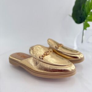 Sam Edelman Women Kira Bit Mule Size 6.5 Gold Metallic Leather Slip On Shoe Flat